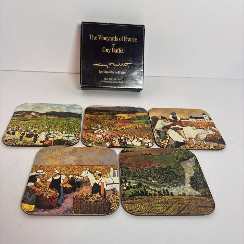 Guy Buffet Vineyards of France Coasters Set of 5 Cork Back French Wine Art